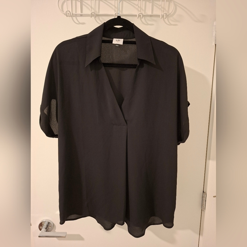 CAbi Black Semi-Sheer V-Neck Short Sleeve Blouse